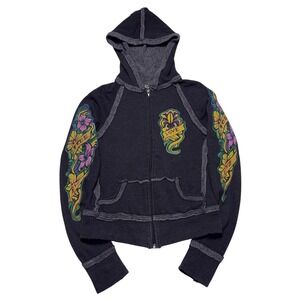 2B Free Distressed Hoodie Womens Small Gray Burnout Y2K Grunge Tattoo